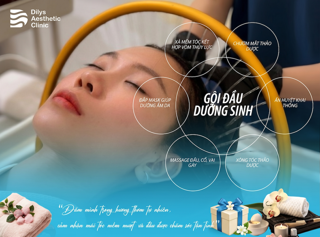Quy trình gội đầu dưỡng sinh thư giãn chuyên sâu tại Dilys Aesthetic Clinic giúp giảm stress hiệu quả.