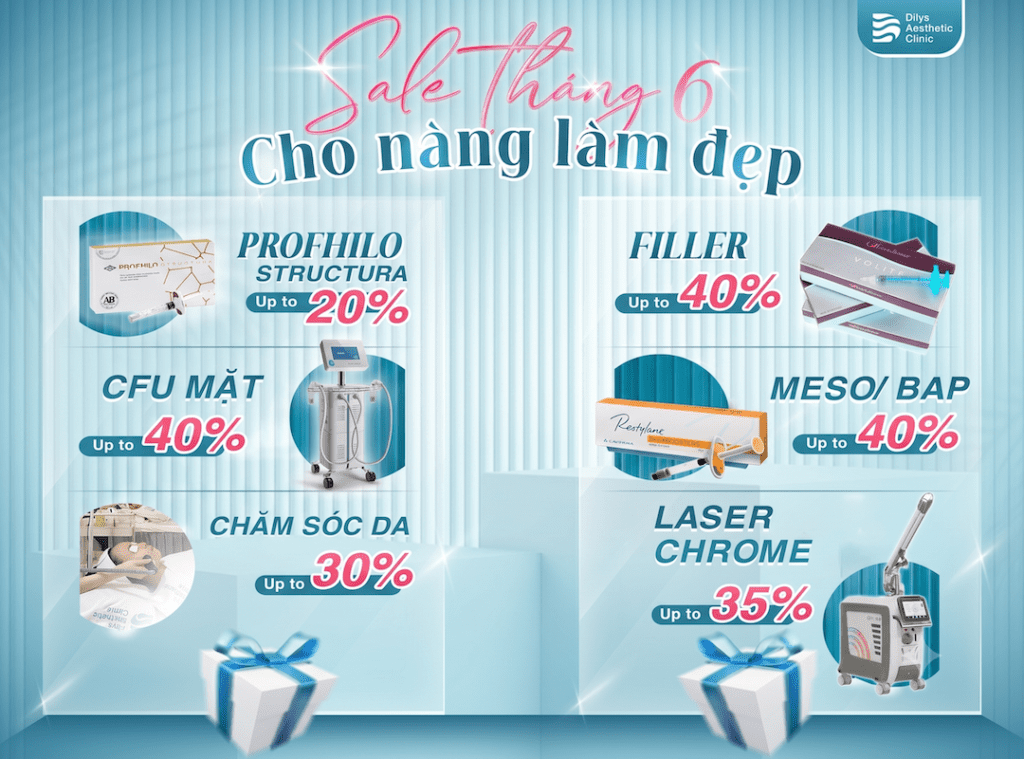 hương trình ưu đãi tháng 6 Dilys Aesthetic Clinic với các dịch vụ hot như Meso BAP và CFU giảm đến 40 phần trăm