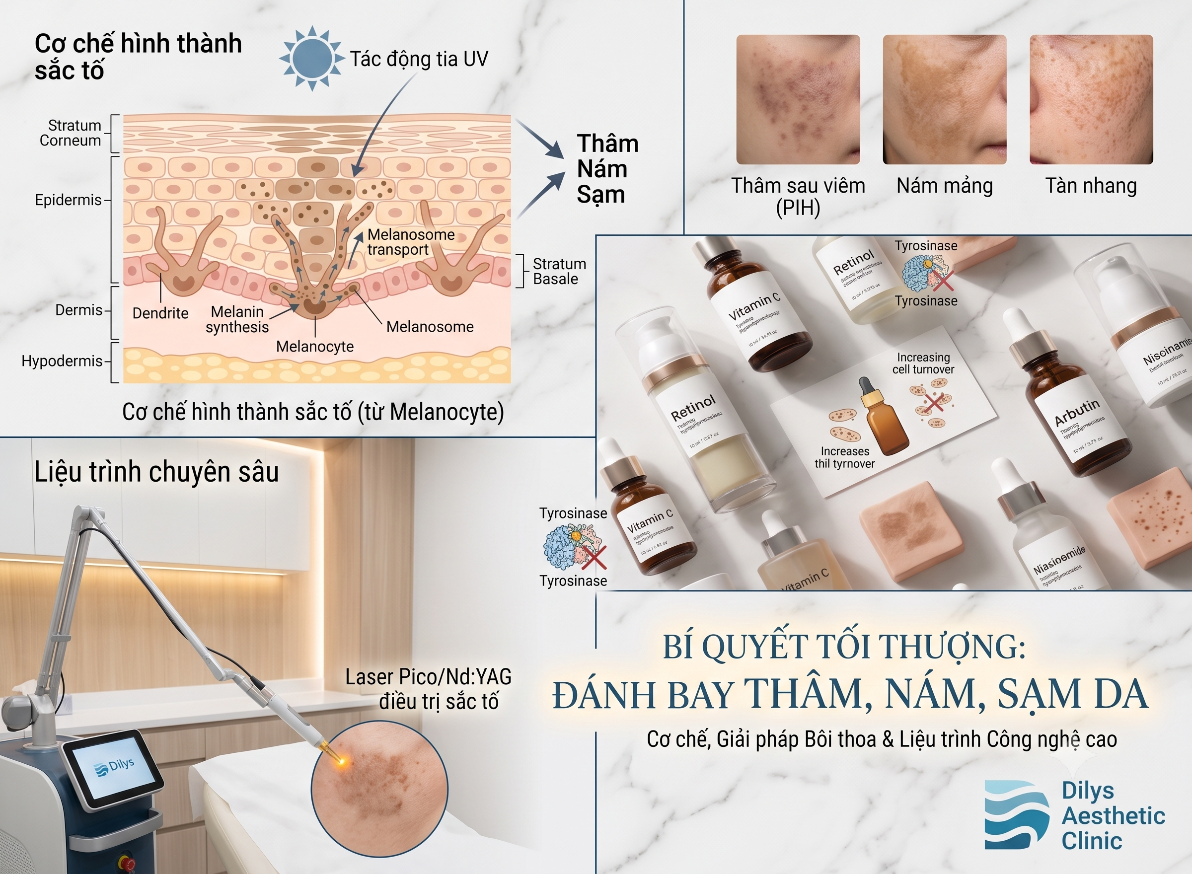 Tăng sắc tố da khiến gương mặt xỉn màu? Khám phá ngay nguyên nhân và phác đồ điều trị thâm, nám, sạm chuẩn y khoa từ Dilys Aesthetic Clinic để lấy lại làn da trắng sáng.