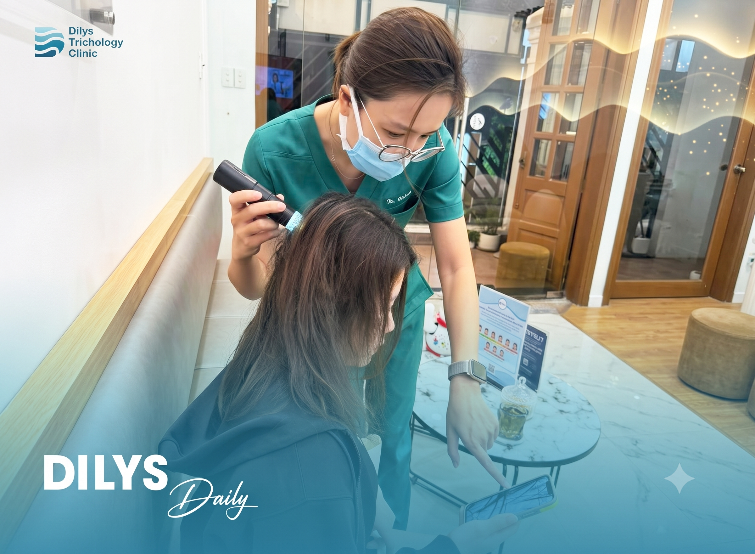 Bác sĩ chuyên khoa tại Dilys Aesthetic Clinic chẩn đoán nguyên nhân để lên phác đồ phương pháp điều trị rụng tóc phù hợp