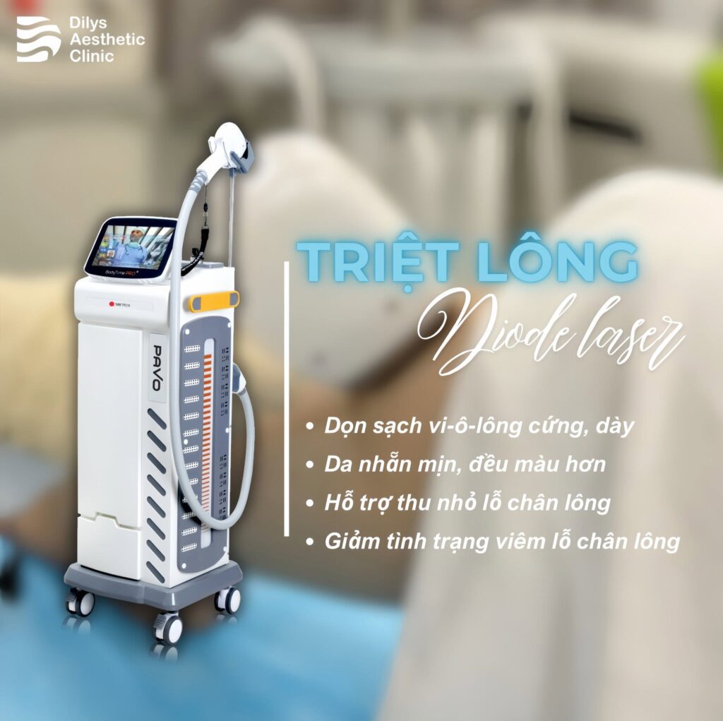 Máy triệt lông Diode Laser tiên tiến được sử dụng tại Dilys Aesthetic Clinic, với các lợi ích như dọn sạch vi-ô-lông, thu nhỏ lỗ chân lông.