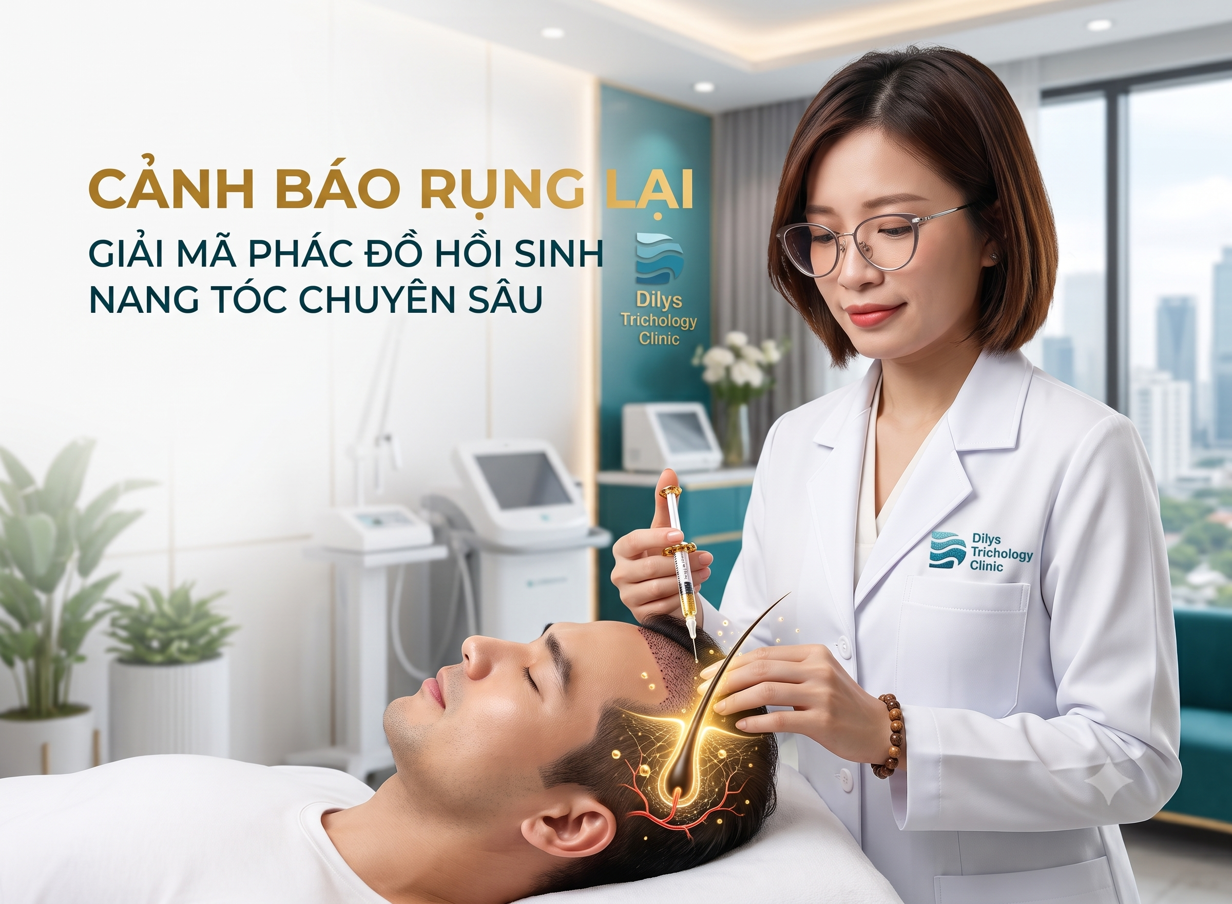 Bác sĩ chuyên khoa tại Dilys Trichology Clinic đang thực hiện phác đồ chăm sóc sau cấy tóc chuyên sâu bằng PRP và PRF, giúp hồi sinh và tăng tỷ lệ sống của nang tóc.